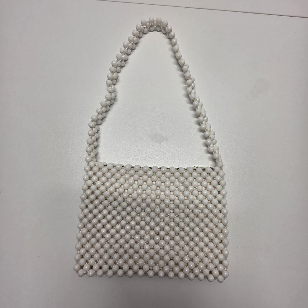 1960s Vintage White Bubble Beaded Mod Top Handle Purse Mid-Century Modern